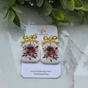 NEW Red Roses with Gold Bow Polymer Clay Dangle Earrings